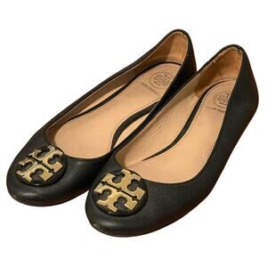 Tory Burch Black Leather Ballet Flat w/Gold Logo Slip On Round Office Work - 6